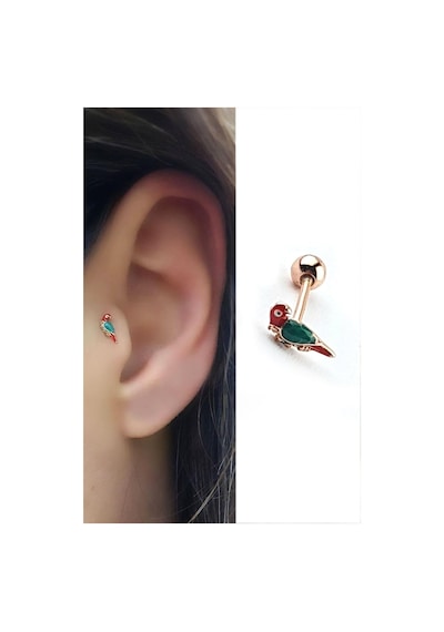 Mineli 925ayar Gümüş Üzerine Rose Altın Kaplama Papağan Figürlü Tragus Kikirdak Piercing Altın