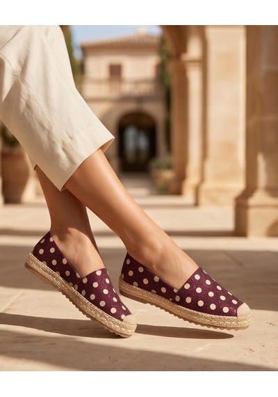 Futsishoes Lucıa Bordo Puantiyeli Hakiki Deri Dikiş Detaylı Kadın Espadril