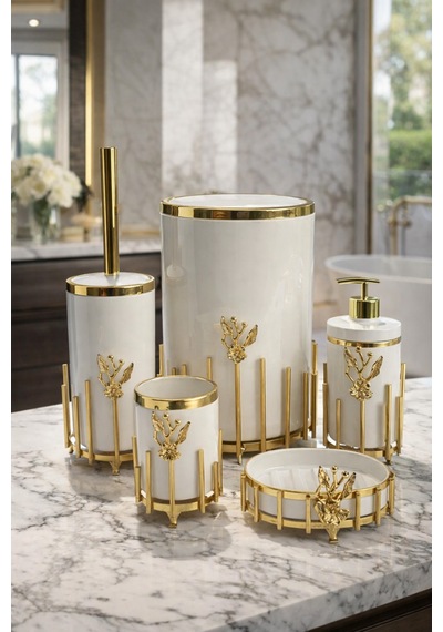 Makri Home Gold Kaplama Metal Stantlı 5 Parça Mermer Desenli Ve Düz Renk Seçenekli Banyo Aksesuar Takımı Beyaz