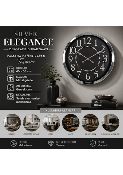 Silver Elegance Dekoratif 60 X 60 Cm Metal Duvar Saati Krom