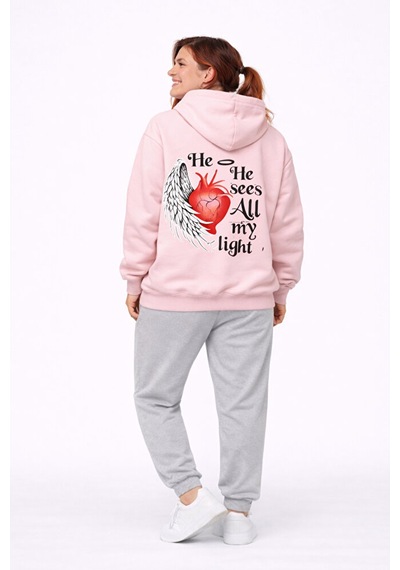Sevgili Kombini Melek Şeytan Kalp Baskılı Oversize Hoodie Seti Ka Siyah