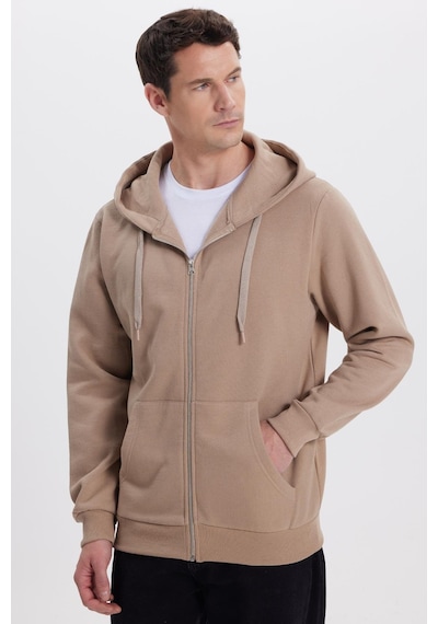 Tudors Unisex Relax Fit Rahat Kesim Pamuklu İçi Polarlı Çift Cepli Tam Fermuarlı Kahverengi Kapüşonlu Sweatshirt-41648 Kahverengi