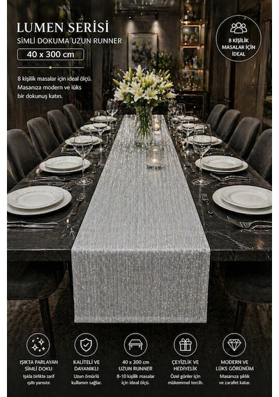 Lumen Serisi Silver 40x300 Cm Simli Dokuma Uzun Runner Modern Lüks Masa Örtüsü 8-10 Kişilik Gümüş