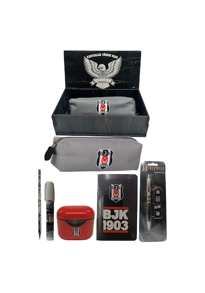Beşiktaş Orjinal Lisanslı Beyaz Air Kalemtraş Ahşap Kutulu 6'lı Kırtasiye Seti Kırmızı Siyah Sarı