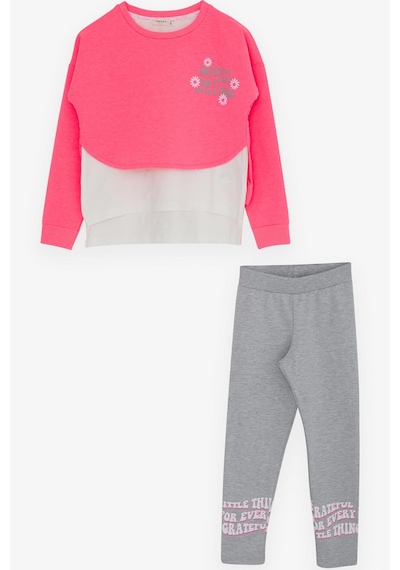 Breeze Kız Çocuk Taytlı Takım Yazı Çiçek Baskılı 8-12 Yaş, Neon Pembe