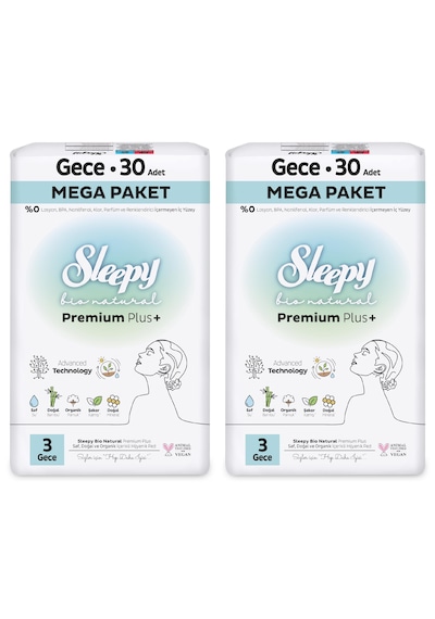 Sleepy Bio Natural Premium Plus Hijyenik Ped Mega Paket Gece 30x2 (60 Adet) + Cüzdan Hediyeli