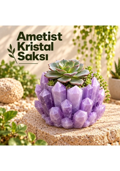 Ametist Kristal Saksı - Mor Kristal Görünümlü Dekoratif Saksı