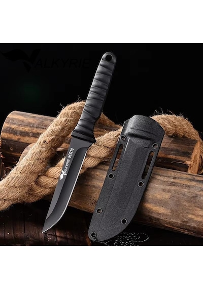 Valkyrie - 9cr18 Soğuk Çelik Boyun Askılı Kılıflı Kamp Av Bıçağı Paslanmaz Çelik Siyah Siyah