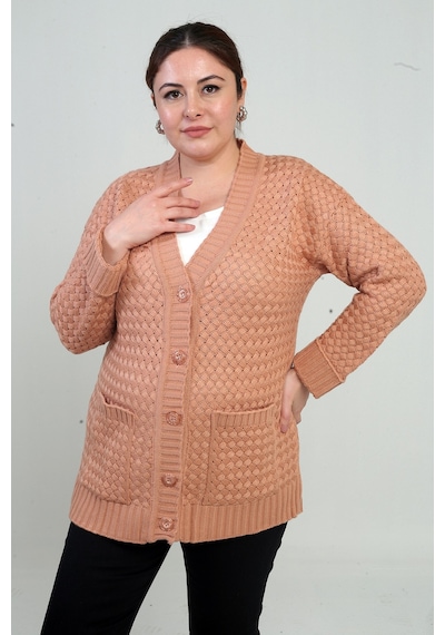 By Saygı Kadın Sepet Örgü Model Cepli Tunik Hırka Soğan Kabuğu