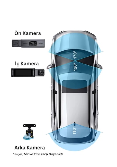 Kingline Wifi K16 1080p Ekranlı 3 Kameralı Araç Kamerası