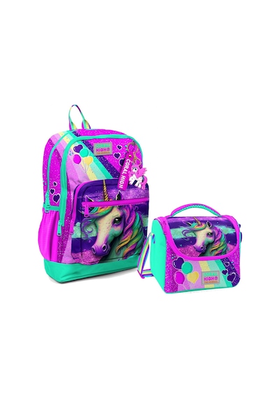 Coral High Dört Bölmeli Kız Çocuk Okul Sırt Çantası ve Beslenme Seti - Pembe Su Yeşili Unicorn