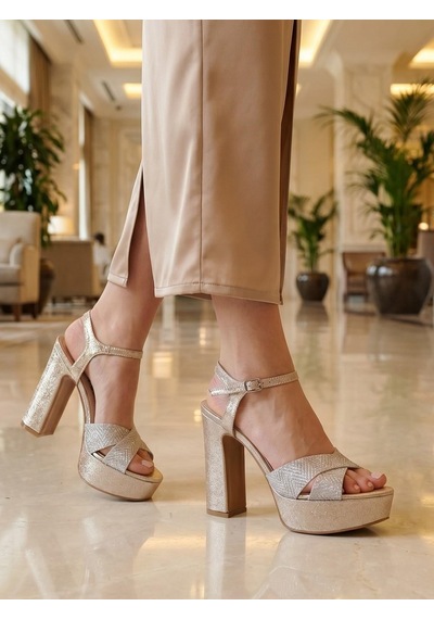 Nesilshoes Nesil Shoes Carel 2057 Altın Simli Platform Kadın Sandalet Altın Sim