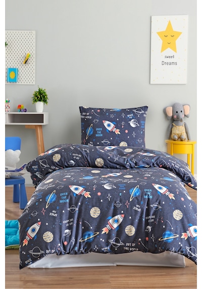 Eponj Home Tek Kişilik Pamuklu Nevresim Takımı 3 Parça Space Desen Lacivert / Yumuşak Dokulu Lacivert