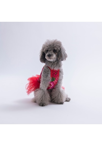 Red Wildflowers Kırmızı Çiçek Desenli Kedi Köpek Elbisesi - Kedi Köpek Kıyafeti