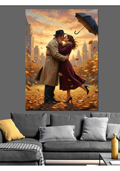 Ahşap Tablo Sonbahar Yaprakları Ve Romantik Çift