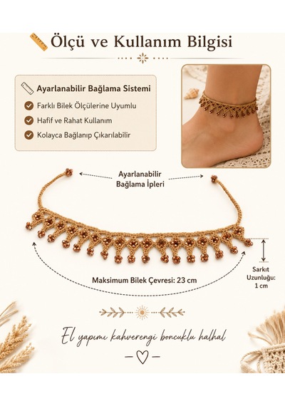 Boncuklu Halhal El Örgüsü Ayarlanabilir Bohem Yazlık Ayak Bileği Takısı Kahverengi