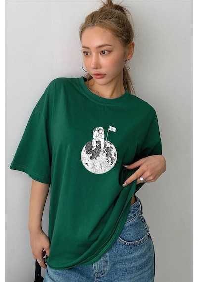 Flood Of Style Unisex Astronot Baskılı T-shirt Yeşil