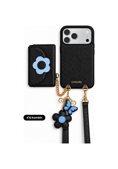 Hera Apple Uyumlu iPhone 18 Pro / 17 Pro Uyumlu Çiçek Magsafe Cüzdan, Charm, Askı, Kılıf 4'lü Siyah Set