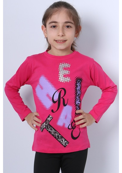 Hçm Kız Çocuk Uzun Kollu Tshirt Pullu Harf Baskılı Bisiklet Yaka E9 Fuşya
