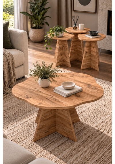 Sulorahome Çiçek Formlu 4'lü Sehpa Seti Kahverengi Atlantik Çam Desenli
