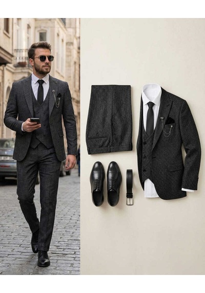 Beystil Sivri Yaka Siyah Kırçıllı Takım Elbise Storm- Slim Fit Siyah