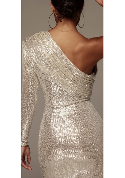 Hanife Glam Couture Hanife Glam Pulpayet Işlemeli Tek Kollu Midi Elbise Gümüş