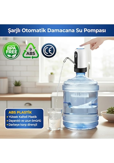 Vayomy 4 W Şarjlı Otomatik Damacana Su Pompası 1200 Mah Bataryalı, Bpa İçermez, Ce Belgeli Su Dispenseri Beya
