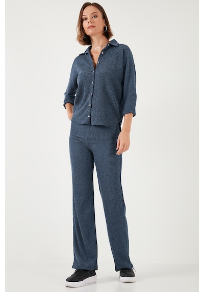 Lela Slim Fit Yüksek Bel Geniş Paça Dokulu Bayan Pantolon 5865944 Indigo