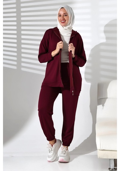 Mihran Butik Kadın Mevsimlik Alt Ve Üst Rahat Mürdüm Spor Tesettür Takım Mürdüm