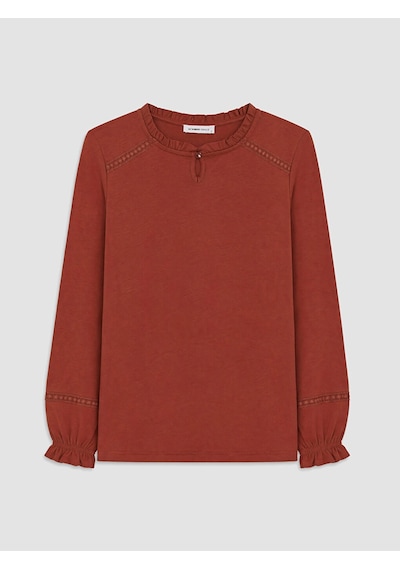 LC Waikiki Lcw Grace Turuncu Fırfırlı Bisiklet Yaka Nakışlı Bluz Burnt Orange