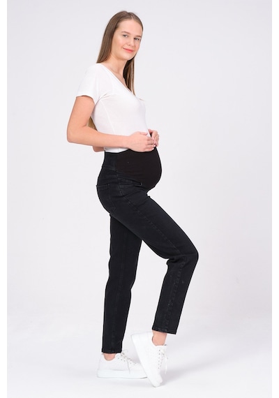 Busa Hamile Esnek Karın Bantlı Mom Fit Kot Pantolon Siyah-siyah