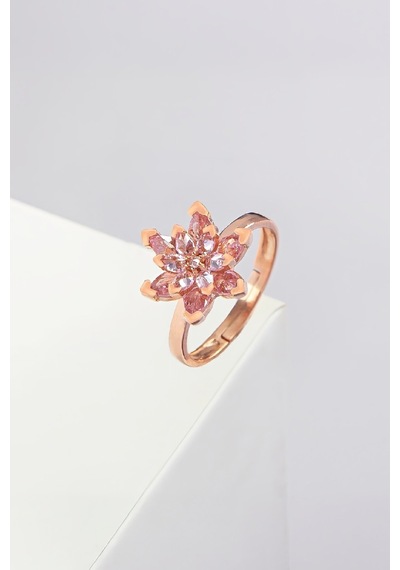 Pembe Taşlı Rose Renk Ayarlanabilir Lotus Gümüş Bayan Yüzük -7899