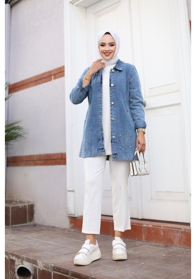 Harman Butik Kadın Taş İşlemeli Denim Kot Ceket Kot Mavi Kot Mavi