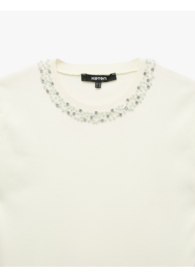 Koton Regular Fit Boncuklu Bisiklet Yaka Kısa Kollu Viskon Triko Kazak Ekru 7wak90135ht