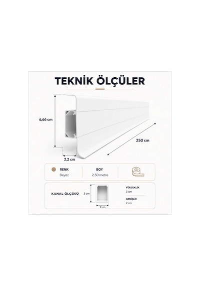 Esquero Kablo Kanallı PVC Süpürgelik 250 cm, Açılabilir Kapaklı, Beyaz, ESQ601