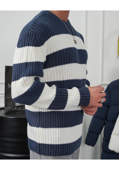Modefendi Bisiklet Yaka Desenli Oversize Kazak Lacivert