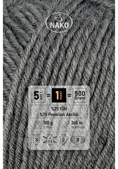 Süper İnci - 194 Orta Gri - 5'li Paket - 100gr/260m - El Örgü İpi - Atkı Yelek Kazak İpi