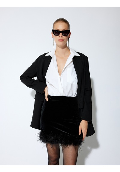 Koton Abiye Etek Mini Kadife Tüy Detaylı Slim Fit Siyah 5wak70007fk Siyah