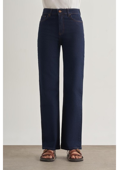 Mizalle Straight Fit Yüksek Bel Lacivert Denim Pantolon Lacivert