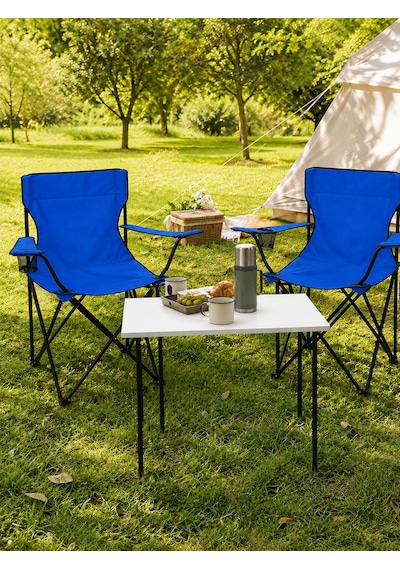 2 Sandalyeli Katlanır Kamp Masa Sandalye Seti 60x45 Cm 3 Parça Beyaz - Mavi