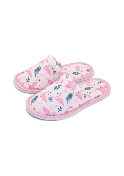 Kadın Beyaz Flamingo Desenli Yumuşak Tabanlı Ev Terlik Beyaz