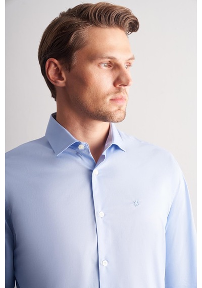İmza Mavi Yarım İtalyan Yaka Uzun Kol Slim Fit Pamuklu Gömlek 1004255189 Mavi