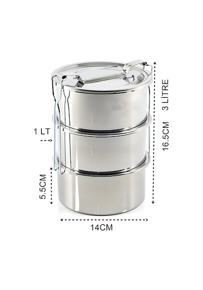 Zhltools Sefer Tası Yemek Kabı Paslanmaz Çelik 3 Katlı 14 Cm 3 Litre Gümüş
