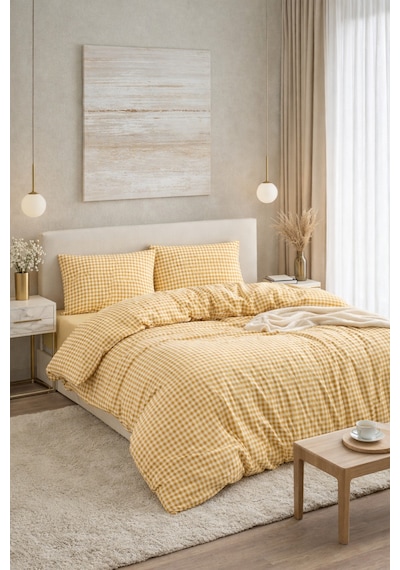 Çift Kişilik Pötikare Nevresim Seti 200x220 Cm Çarşafsız Doğal Şık Tasarım Sarı
