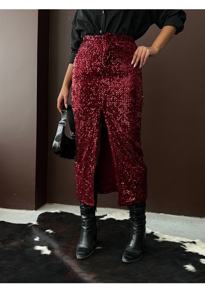 Verymoda Pullu Kadife Uzun Etek F2053 Bordo