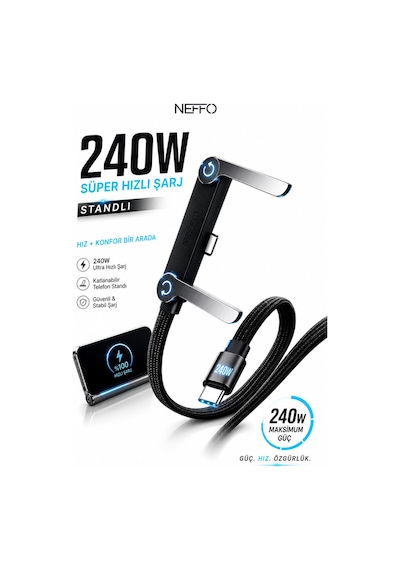 240w Ultra Hızlı Type-c Şarj Data Kablosu Katlanabilir Standlı Ergonomik Tasarım 1.5m Örgülü 1.5 M