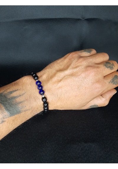 Mryart Doğal Görünümlü Siyah & Lacivert Cam Boncuklu El Yapımı Bileklik - Unisex Siyah - Mavi