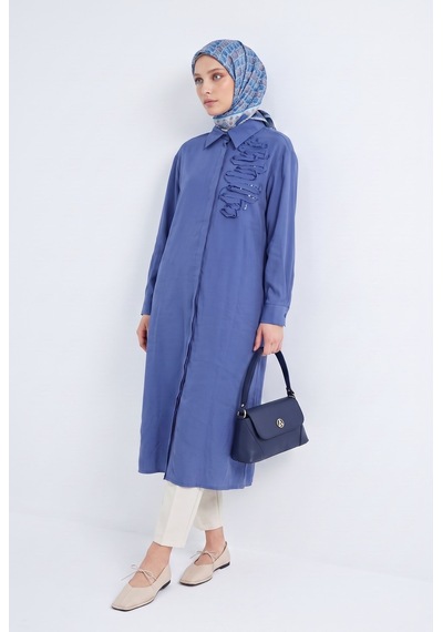 Armine Trend Gizli Patlı Tam Boy Düğmeli Gömlek Yaka 120 Cm Boy Tunik İndigo 26yt417