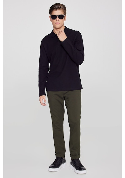 AC&Co / Altınyıldız Classics  Erkek Sıyah %100 Pamuk Slim Fit Dar Kesim Polo Yaka Jakarlı Triko Tişört Siyah