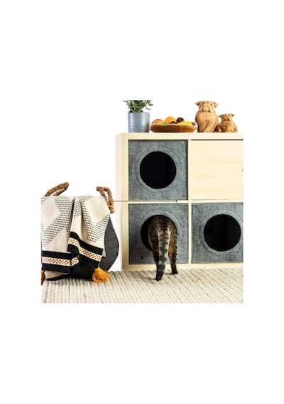 Kedi Evi Yuvası Keçe Açık Gri 3mm Kaliteli Keçe 32x32x32 Cm 1 Adet Mindersiz A1